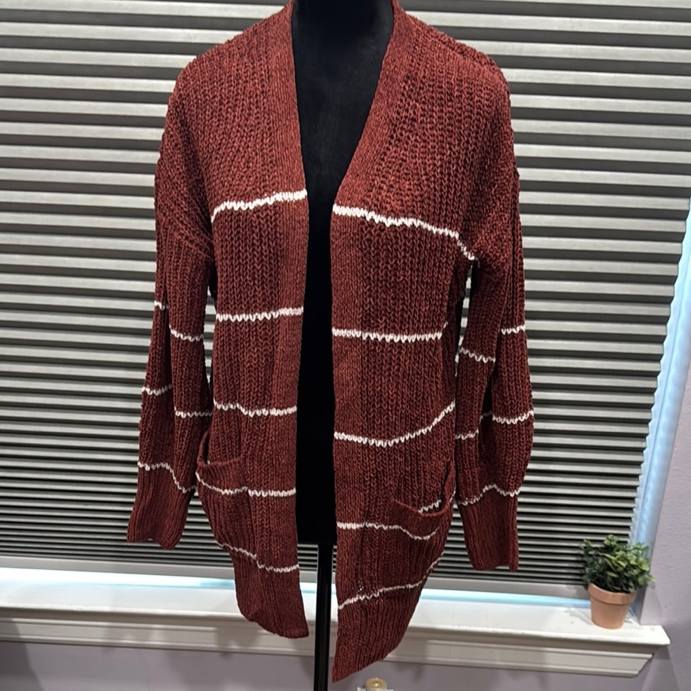 Pink Rose Brown and White Striped Cardigan Sweater